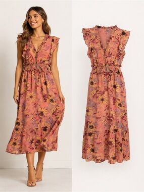PAIGE | 100% Silk Floral Ruffle Midi Dress Pink Yellow | Size Small